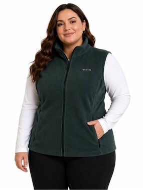 Columbia Fleece Vest Women's 3XL Green Full Zip Pockets Cozy Outdoor Plus Size
